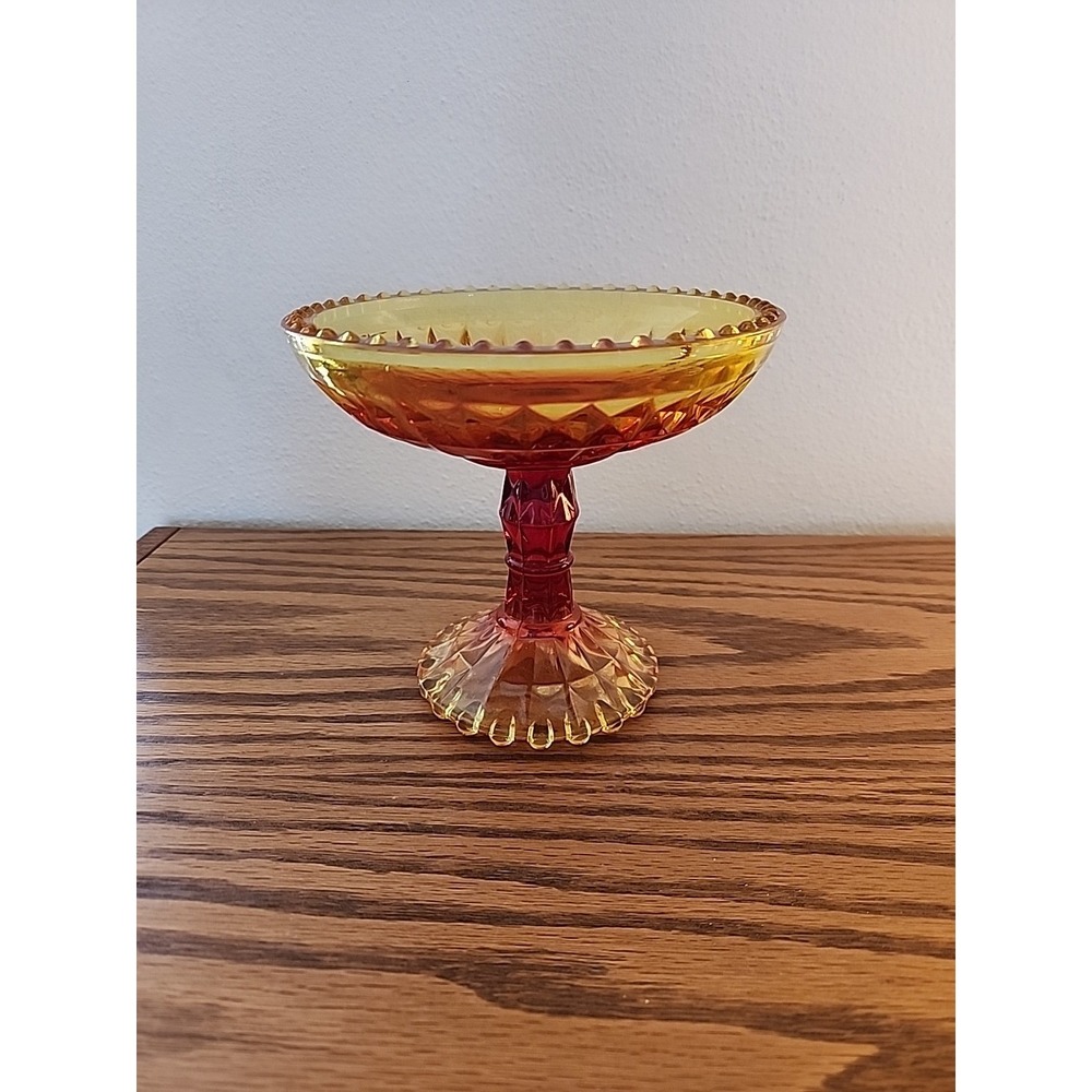 Vintage Amberina Carnival Glass Pedestal Footed Candy Dish Yellow Red